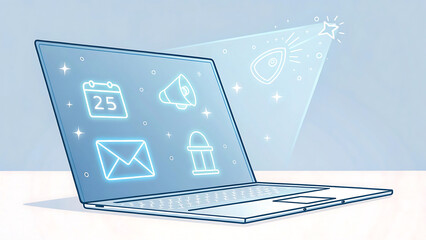 Digital technology and communication icons appearing from a modern laptop screen