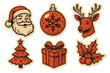 © Stephany - Set of retro Christmas paper stickers with halftone photocopy effect. Vintage festive elements like Santa, reindeer, gift, and tree for zine collage or social media greetings.
