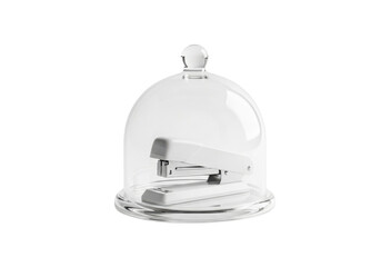 A small silver stapler is displayed inside a clear glass bell jar isolated on transparent background