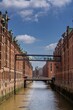 view of the historic red brick Speicherstadt warehouse district in the old city centre of Hamburg