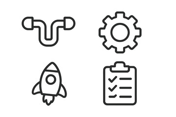 Minimalistic DevOps icons set with pipeline, gear, rocket, checklist for effective project management and software development, vector cartoon illustration transparent background