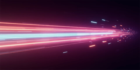 Wall Mural - Bright purple glow of light waves in motion across a dark night road