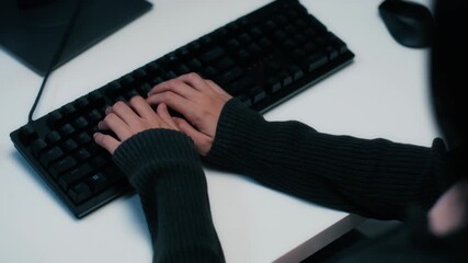 Close-up Programmer Hands Typing on Keyboard, Screen Showing Line of Software Code, Female Software Engineer working on computer writing code, Software Development, Focused on Information Technology.