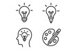 © Thomas - Creative idea icon set. Lightbulb, thinking head, art palette. Vector line art concept for innovation, inspiration, brainstorming, solution, design process and creativity.