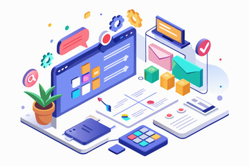 Creative 3D illustration showing software development, programming code windows, debugging tools, and colorful tech icons. Perfect for concepts related to coding, web development, app design, artifici