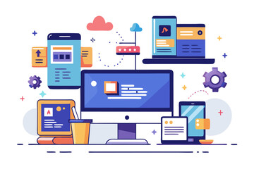 Creative 3D illustration showing software development, programming code windows, debugging tools, and colorful tech icons. Perfect for concepts related to coding, web development, app design, artifici