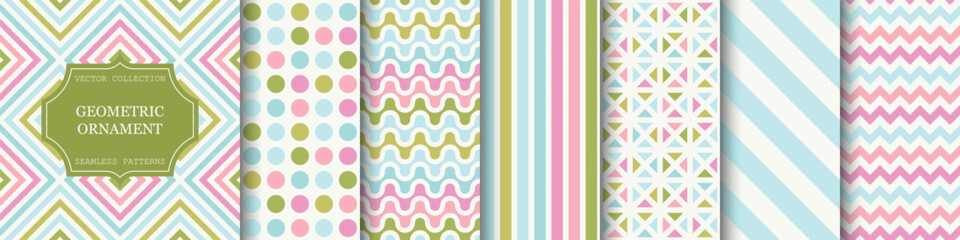 Wall Mural - Collection of color seamless geometric patterns. Abstract fashion backgrounds - bright design. Tile mosaic textures. Vibrant simple endless prints