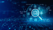 © KanawatTH - Futuristic digital concept showing leadership search and team management with data network, magnifying glass, and global tech background. 3d Rendering