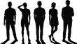 © Legend Monir - Group of people silhouettes standing together, human shadow figures illustration, black and white outline drawing, diverse crowd concept vector art