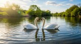 Two white mute swans on a serene lake their necks gracefully forming a heart shape as they face each other amidst lush green banks under a sunny sky
