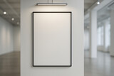 Blank poster mockup, empty frame on gallery wall, modern art exhibition background, minimalist interior with copy space, sophisticated artistic concept