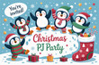 © Aqvarelka - Adorable penguin christmas pajama party invitation with festive stockings and gifts