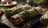 Evergreen cleansing sticks for Yule winter solstice hristmas celebration. Diffrent types of smoke cleanigs bundles made from fir, edar. Alternatives form sae smudge sticks on dark woden table