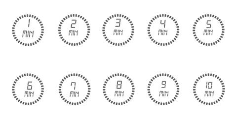 Wall Mural - Timer, 1, 2, 3, 4, 5, 6, 7, 8, 9, 10 min. Stopwatch isolated set icons. Countdown timer symbol icon set. vector illustration.