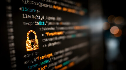Secure software development code on computer screen with padlock symbol and blurred background
