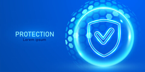 Wall Mural - 3d transparent sphere protection shield with neon glowing elements. power energy barrier, force fiel