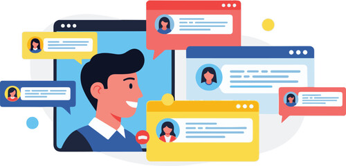 This image depicts a flat user interface concept for a website or business template, featuring vector icons, a navigation menu, and various UI elements like buttons and an infographic layout