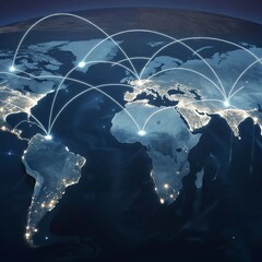 Wall Mural -  world. Internet Concept of global business.World New map with glowing lines on dark background. Network and communication concept. 3D Rendering	
