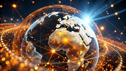 Wall Mural - Global network connection over the world. Internet Photo Best New Concept of global business.World map with glowing lines on dark background. Network and communication concept. 3D Rendering	