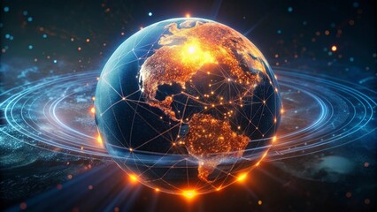 Wall Mural - Global network connection over the world. Internet Photo Best New Concept of global business.World map with glowing lines on dark background. Network and communication concept. 3D Rendering	