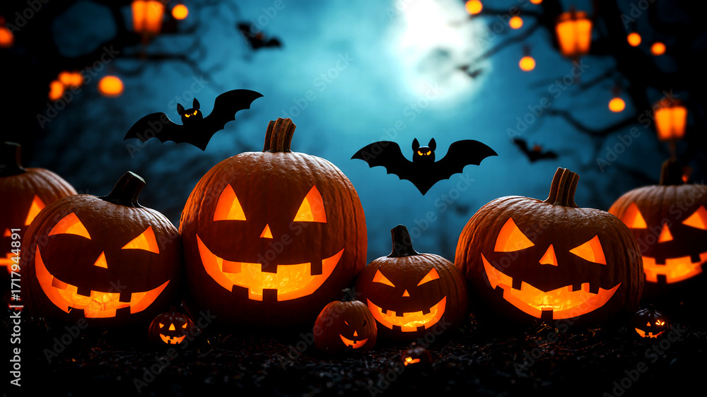 Spooky Halloween Pumpkins and Bats Under a Moonlight Sky Stock Photo ...