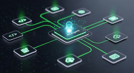 Modern AI agent connecting with data and code for intelligent automation and cloud services solutions on dark tech background