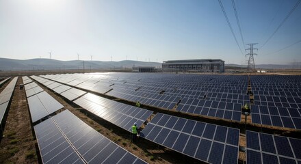 Large Scale Solar Farm with Power Lines and Wind Turbines on Horizon