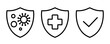© dlyastokiv - Antibacterial protection line icons, insurance health, immune system, medical health protection shield, healthcare medicine protected guard shield concept, safety badge icon, security safeguard label