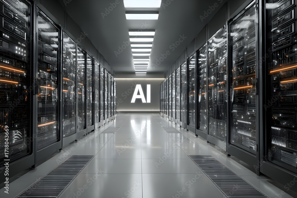 Data Center Interactive Inside a dynamic data center with a central AI sign, illustrating the ...