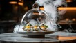 © SERHII - Premium oyster presentation under glass cloche with dramatic smoke effects and colorful garnishes in fine dining restaurant atmosphere