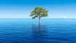 © Empty Scenery Stock - A solitary green leafy tree stands alone amidst calm blue waters under a clear sky with faint clouds on the horizon,