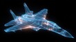 © Vlad - Jet Wireframe. Three-Dimensional Aerial Fighter Plane Blueprint in Glowing Neon Hologram