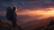 © ArtMora - Hiker at Sunset Over Mountain Range, Backpacking Adventure.