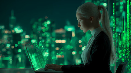 A professional woman works on a laptop with a glowing green digital interface, analyzing data in a futuristic city office at night
