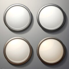 Four empty round frames in varying metallic colors