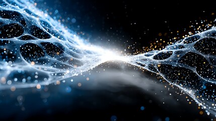 Wall Mural - glowing abstract mesh with particles stretches across a dark futuristic background.