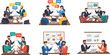 ©  Alexander Creations - Business meeting illustration set, office discussion scenes, teamwork, data presentation, collaboration, speech bubbles, charts and graphs, professional workspace, strategy