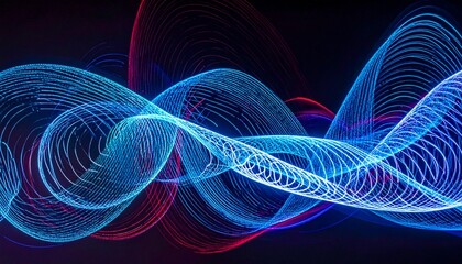 Abstract digital waves of glowing blue and red light particles flowing on a dark background.
