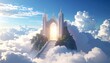
Celestial palace built on clouds with glowing gates radiating magic, surreal divine fantasy DESIGN illustration.