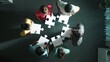 © InfiniteFlow - Top view of business people separated jigsaw together at meeting. Aerial view of diverse team put piece of jigsaw puzzle together out and standing while wearing casual cloth at conference. Symposium.