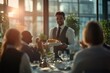 © Татьяна Евдокимова - Young smiling waiter carrying a tray filled with gourmet desserts, serving business professionals enjoying a fine dining experience at sunset