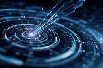 Abstract Blue Concentric Circles with Light Rays, Futuristic Technology Concept.