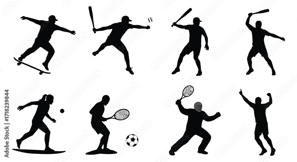 Silhouettes of athletic people engaged in various sports and active poses