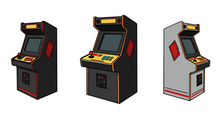 Retro arcade cabinet collection: classic gaming machines in isometric style
