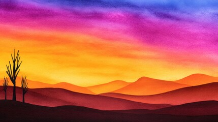 Wall Mural - Vibrant sunset landscape with silhouetted trees and rolling hills under a colorful sky