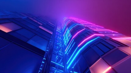 Wall Mural - Futuristic skyscraper illuminated by neon lights, viewed from below, with a vibrant city skyline backdrop