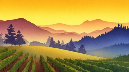 Wall Mural - Serene vineyard landscape at sunset with rolling hills and distant mountains under a colorful sky