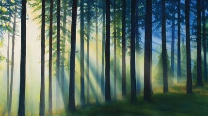 Wall Mural - Serene forest landscape with tall trees, sunlight streaming through, creating a tranquil atmosphere