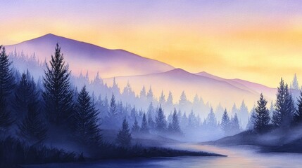 Wall Mural - Serene twilight landscape with layered mountains and misty forest reflecting in calm waters