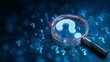 © Musawar - Unraveling complex mysteries with a magnifying glass on glowing digital question marks, symbolizing analysis, research, and problem solving in a futuristic dark blue network.